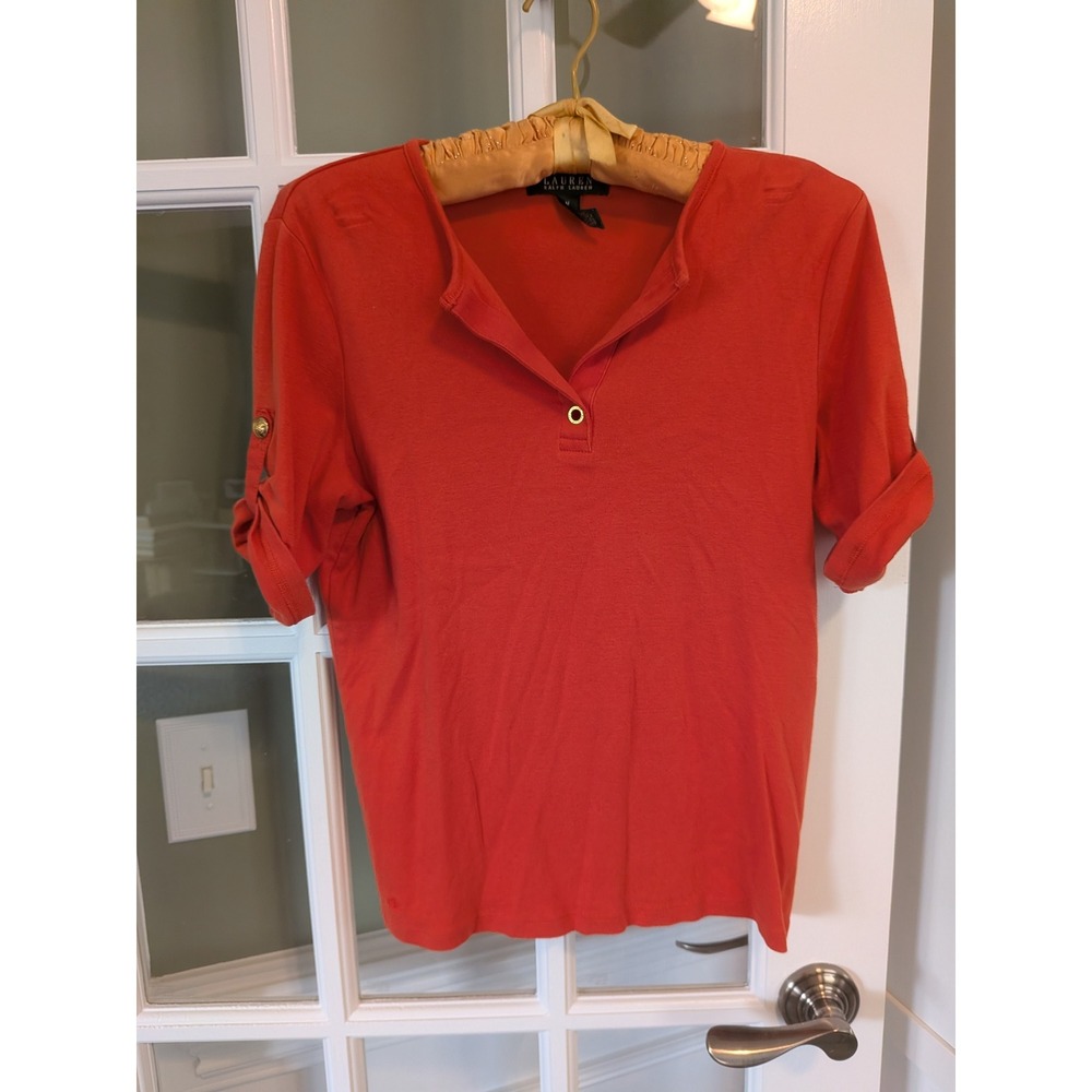 Lauren Ralph Lauren Red Cotton Roll Tab Sleeve Top Medium Gold Button Detail
